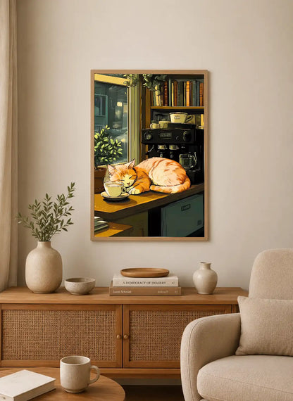 Portrait poster depicts an orange cat napping on a wooden counter beside a coffee machine and teacup, with books and greenery in background