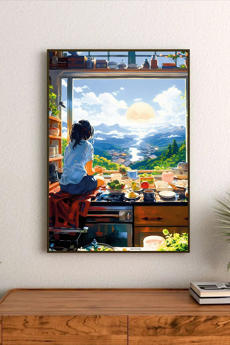 Portrait poster depicting a person seated at a kitchen counter, gazing out a window toward mountainous landscape under a large sun