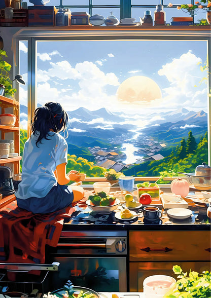 Portrait illustration depicts a person sitting at a kitchen counter overlooking mountains and a lake under a large sun, with vibrant greens and