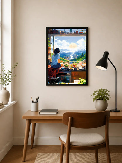 Portrait poster featuring a person seated at a kitchen counter with vibrant outdoor mountain scenery visible through an open window