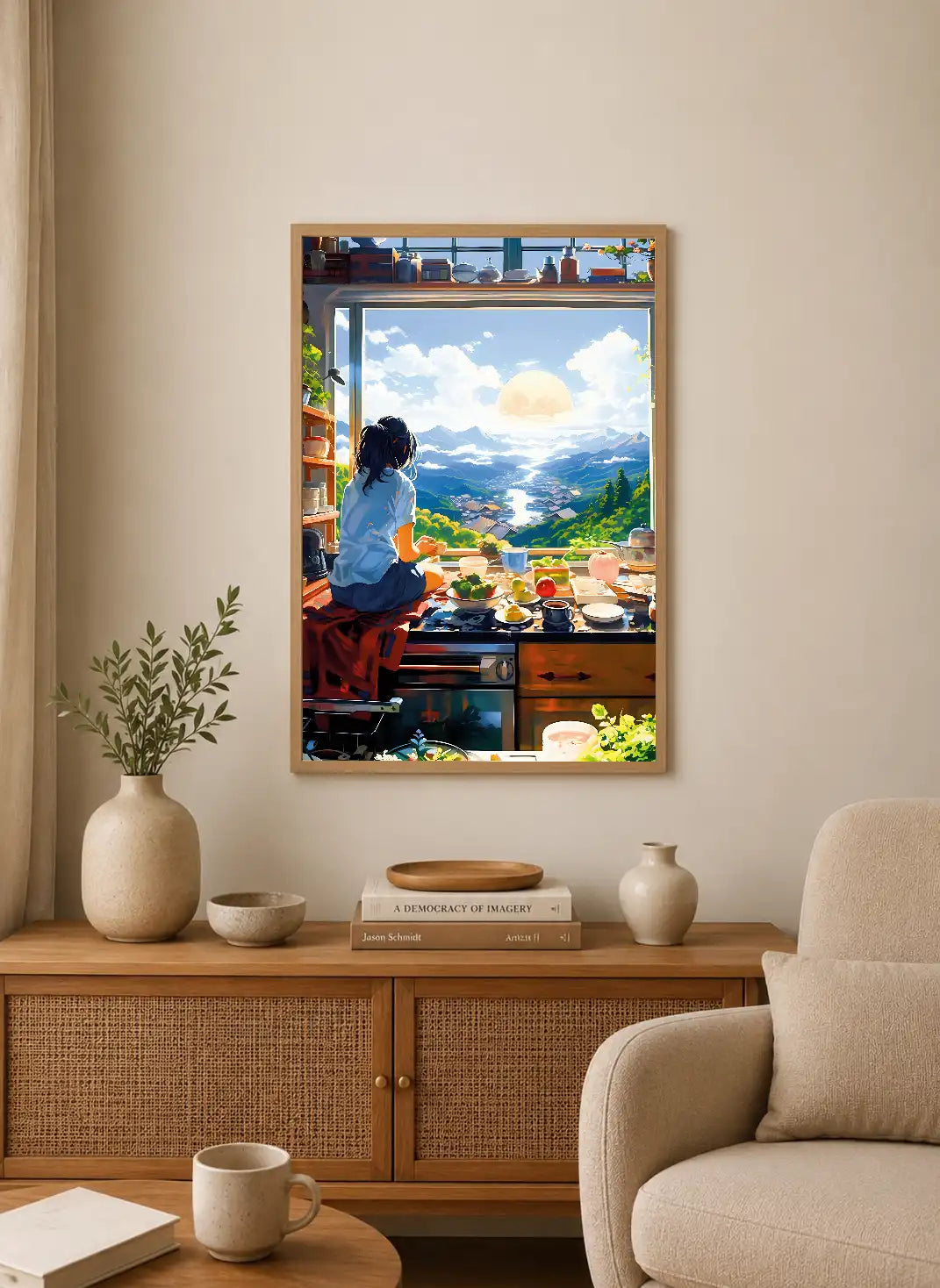 Portrait poster depicting a person seated at a kitchen counter overlooking a mountainous landscape under a bright sky with vibrant colors and