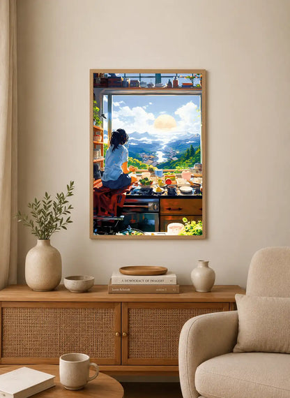 Portrait poster depicting a person seated at a kitchen counter overlooking a mountainous landscape under a bright sky with vibrant colors and
