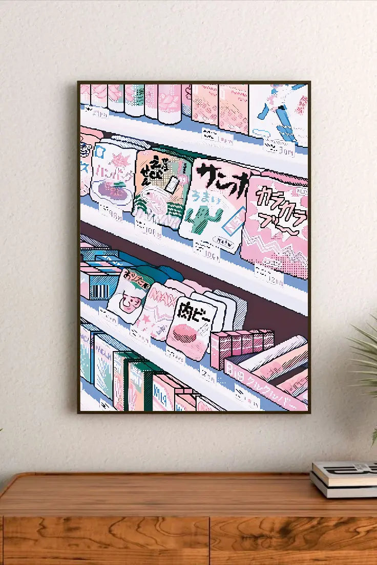 Portrait poster featuring stylized Japanese snack packaging in pink, teal, and white with bold typography and abstract illustrative elements