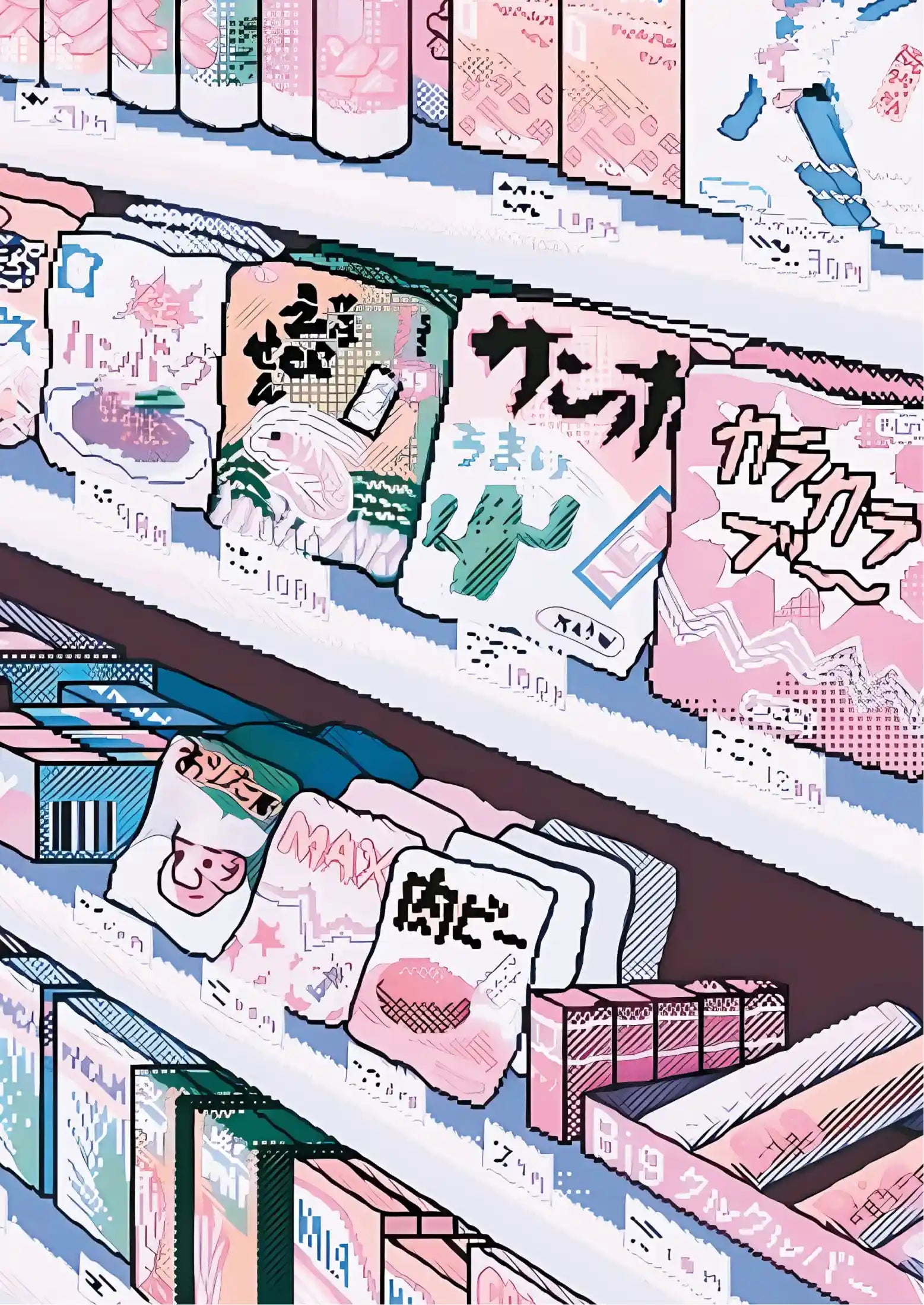 Tokyo-inspired poster with pixelated shelves, pink and blue packaging, Japanese text, cartoon characters, and retro digital art style