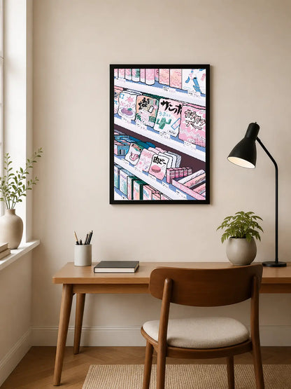 Portrait poster featuring stylized Japanese snack packaging on shelves, rendered in vibrant pink, blue, and white with playful typography