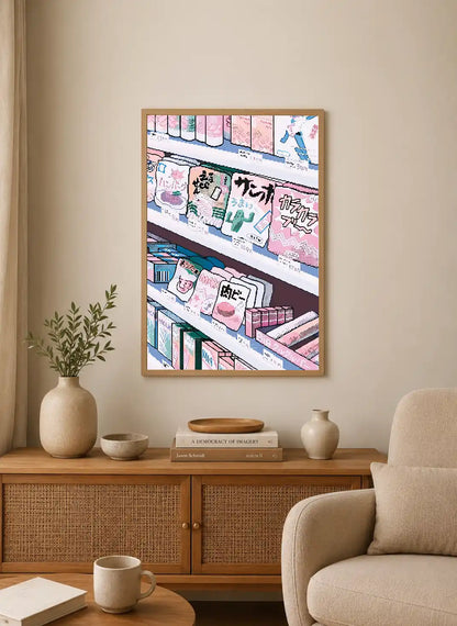Portrait poster featuring stylized Japanese snacks on shelves with pink, blue, and white color palette in a retro graphic design style