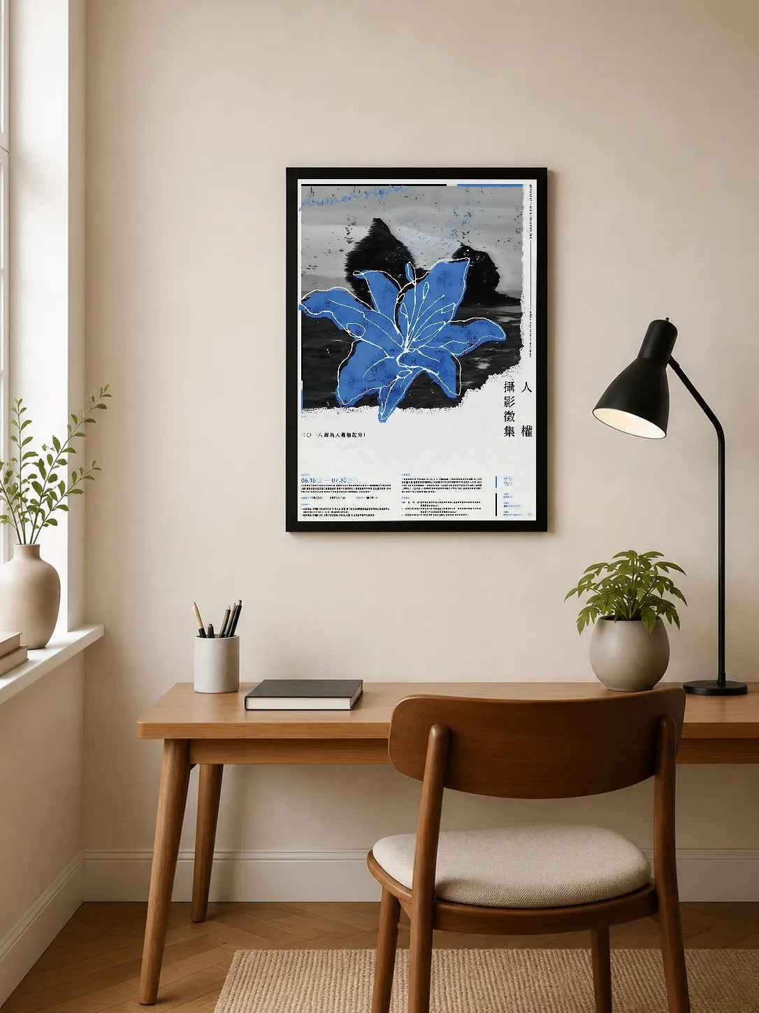 Portrait poster featuring a bold blue lily against dark, textured background with vertical Japanese characters and minimalistic text layout