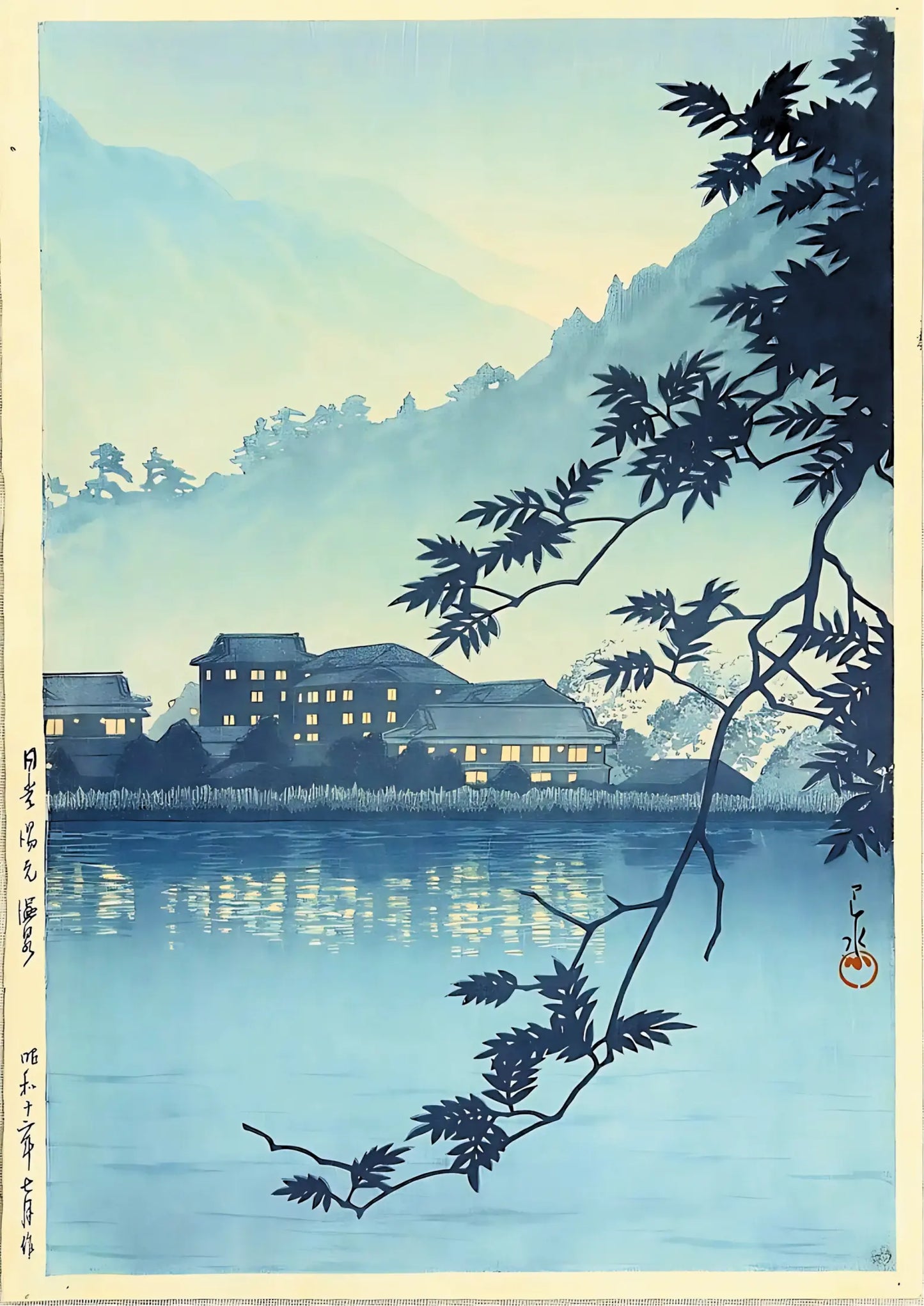 Blue-toned landscape featuring silhouetted branches, reflective water, and illuminated Japanese-style buildings against misty mountains