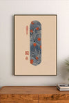 Portrait print featuring swirling blue waves with orange autumn maple leaves, vertical red calligraphy and seals on beige background
