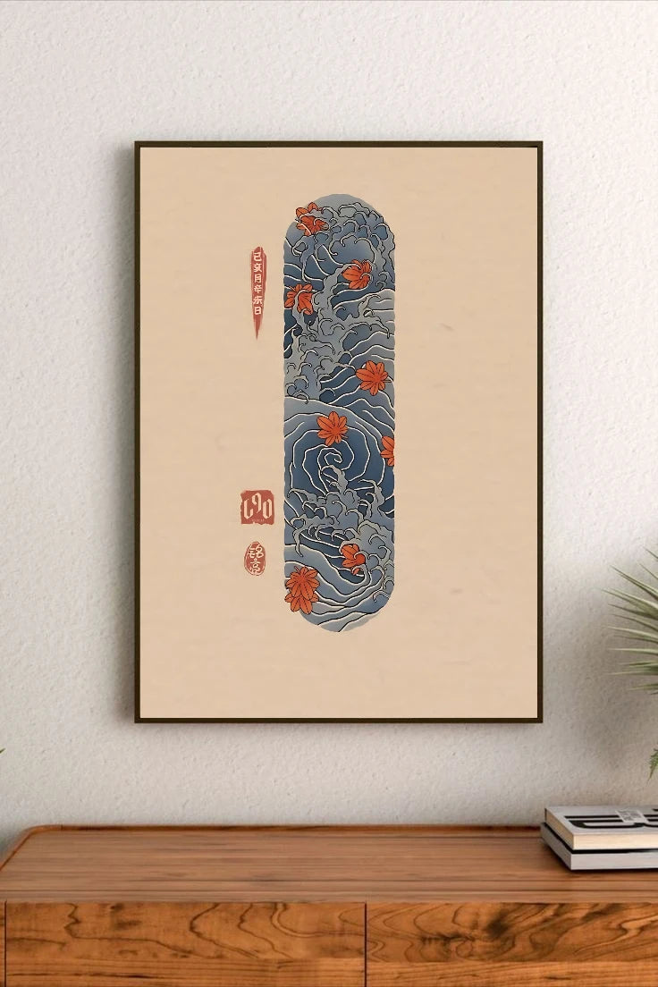 Portrait print featuring swirling blue waves with orange autumn maple leaves, vertical red calligraphy and seals on beige background