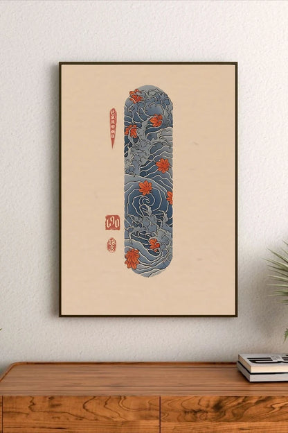 Portrait print featuring swirling blue waves with orange autumn maple leaves, vertical red calligraphy and seals on beige background