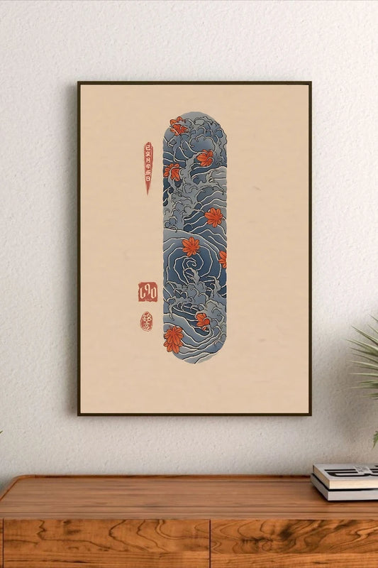 Portrait print featuring swirling blue waves with orange autumn maple leaves, vertical red calligraphy and seals on beige background