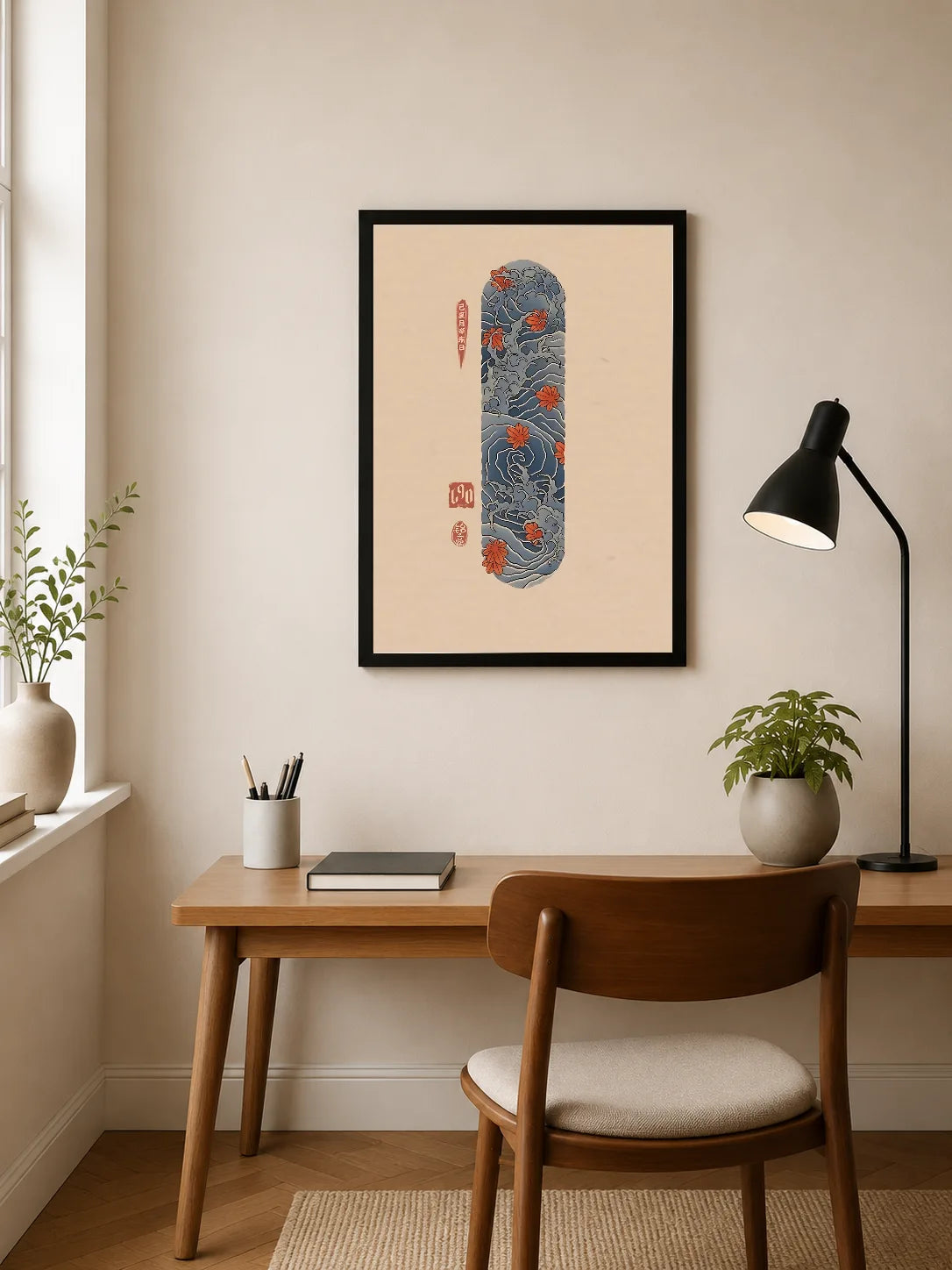 Vertical poster featuring blue waves with orange maple leaves and red seals on cream background