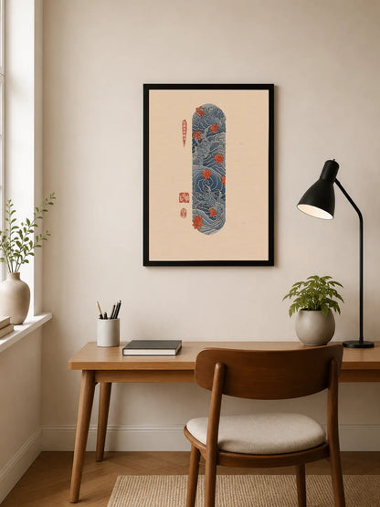 Vertical poster featuring blue waves with orange maple leaves and red seals on cream background