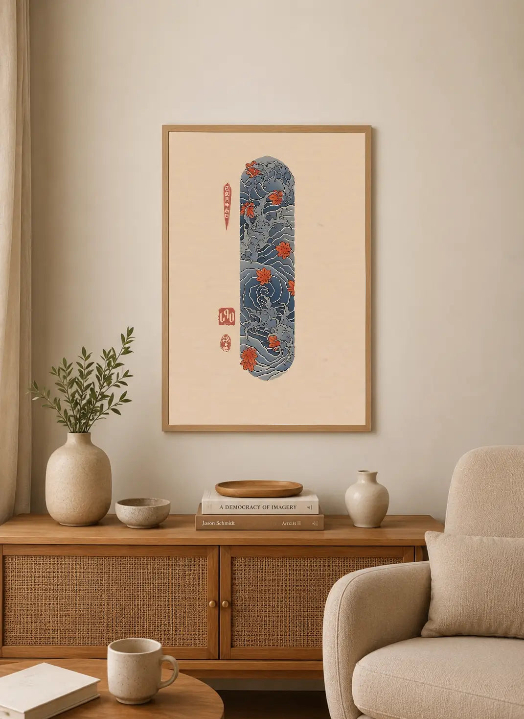 Vertical portrait print featuring stylized autumn leaves in orange and red against swirling blue waves, with small vertical calligraphy marks