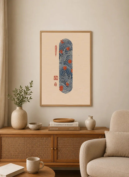 Vertical portrait print featuring stylized autumn leaves in orange and red against swirling blue waves, with small vertical calligraphy marks