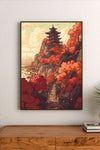Portrait poster featuring a traditional Japanese pagoda atop a cliff, surrounded by vibrant red autumn trees under a soft orange sky