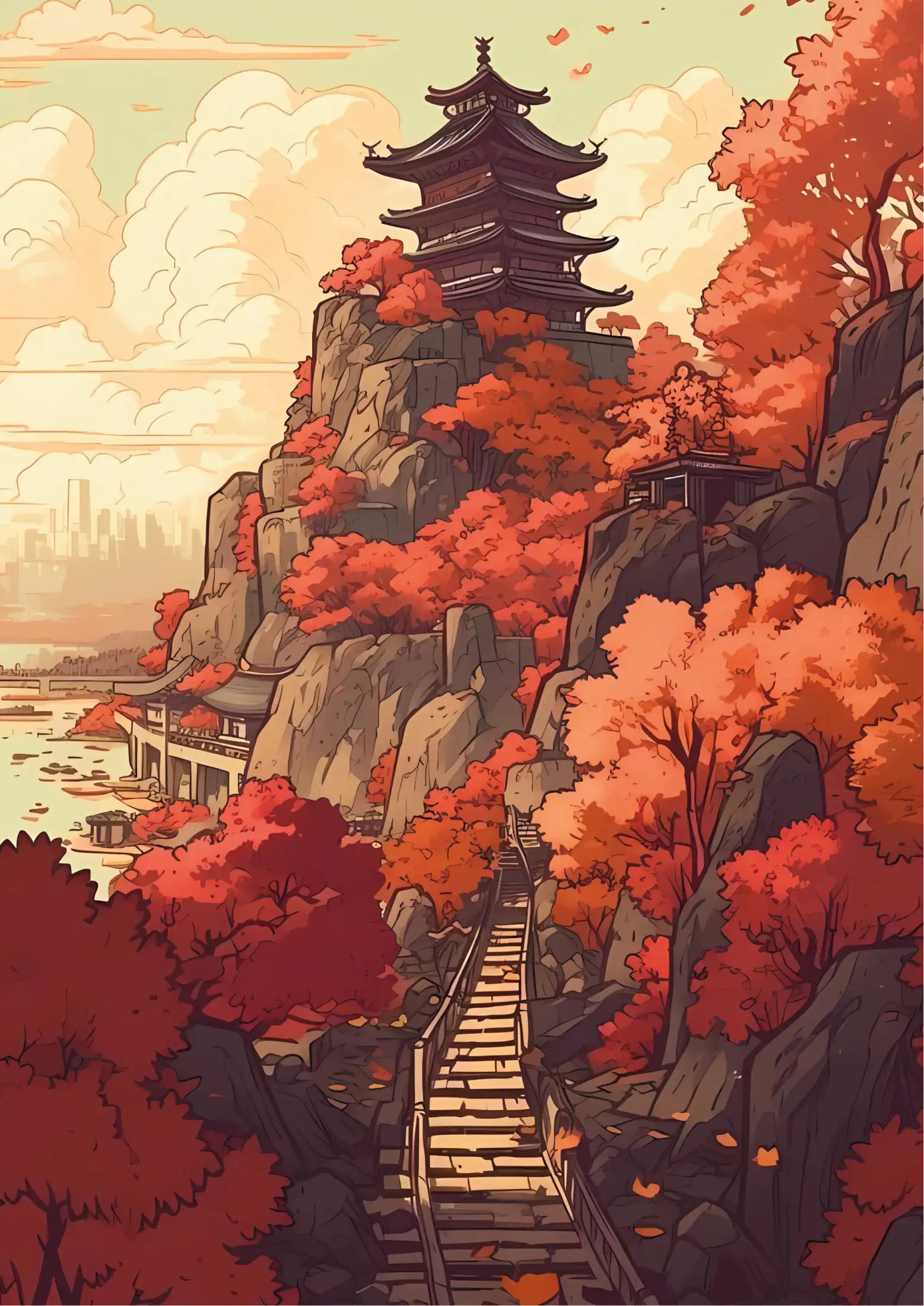 Vertical poster depicting a multi-tiered Japanese pagoda atop rocky cliffs surrounded by vibrant red and orange autumn trees under a soft-hued sky