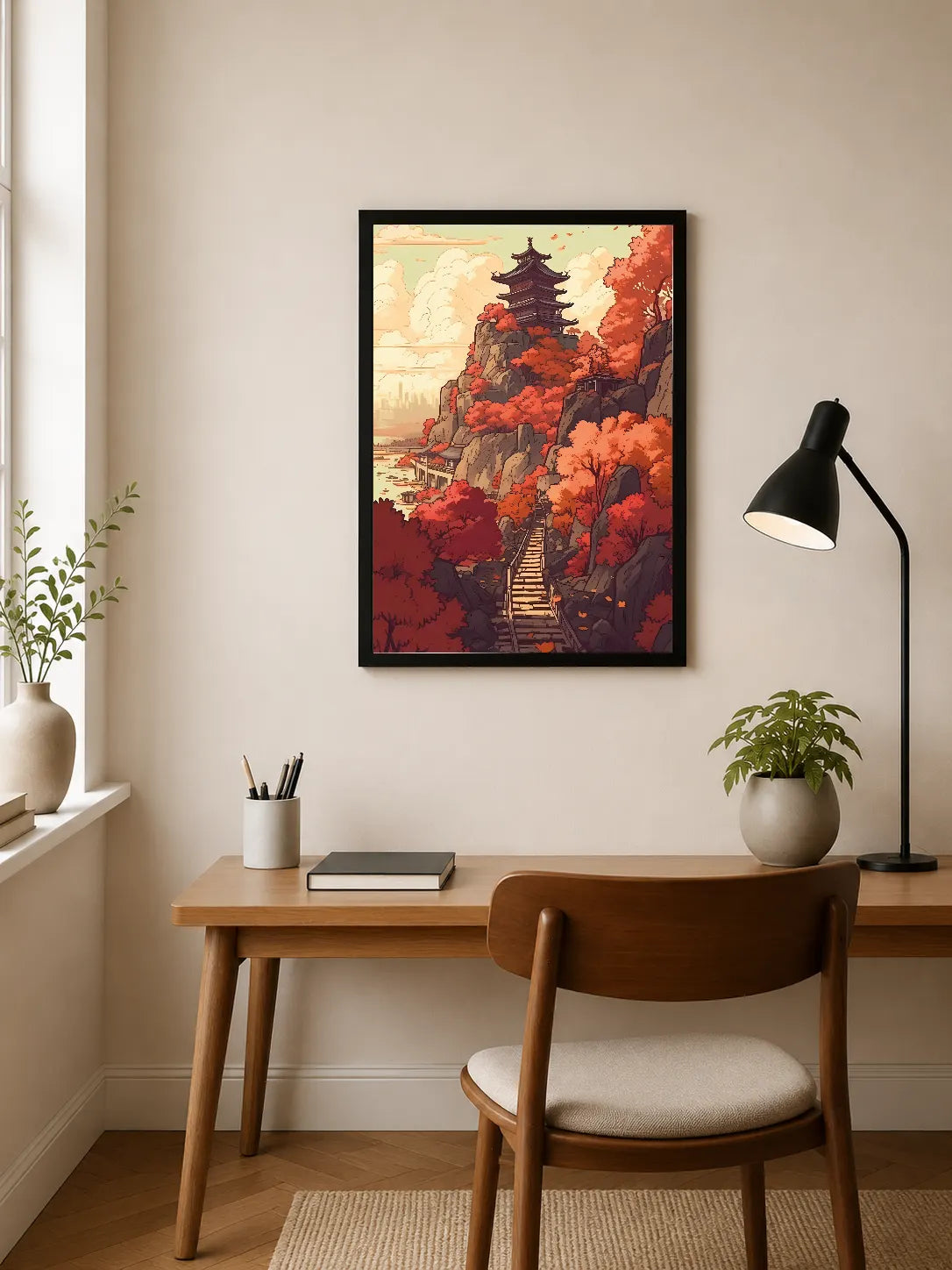 Portrait poster depicts a pagoda atop rocky cliff surrounded by vibrant red and orange autumn trees under a soft sky