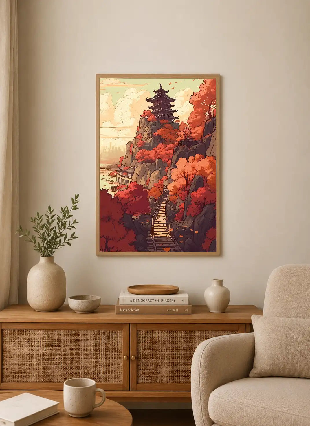 Portrait poster depicts a traditional Japanese pagoda atop a rocky cliff surrounded by vibrant red autumn trees under a soft orange sky