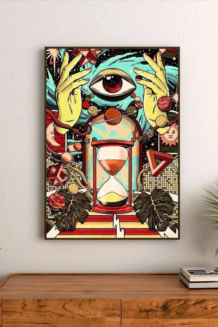 Anime-style poster showing two dynamic characters interacting in a warm color palette of orange, red, and browns within an urban sci-fi setting