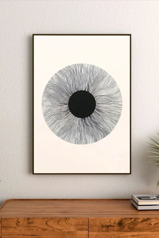 Abstract poster in portrait orientation using terracotta red, burnt orange, and dark brown geometric shapes contrasting against a cream background