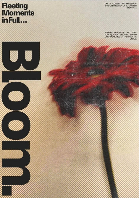Black and cream typography overlaying botanical illustrations of blooming flowers; structured composition in portrait orientation