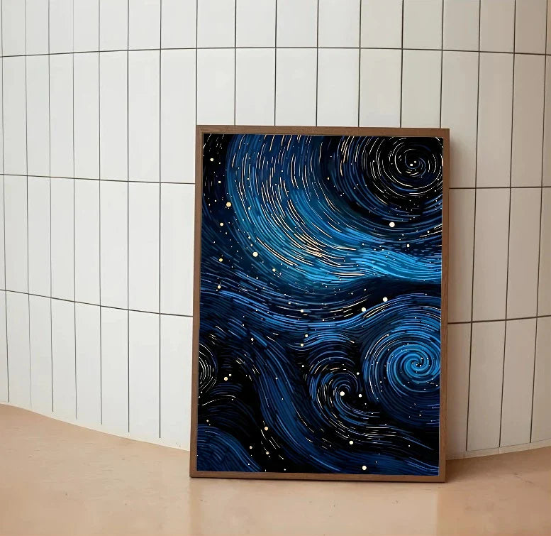 Portrait poster art showing swirling cosmic nebula patterns in blues and cyans with "Through the Telescope" visible title text