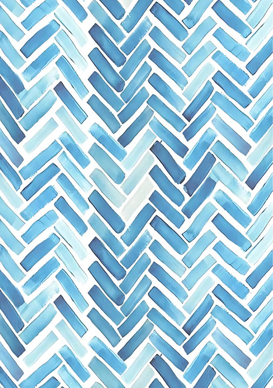 Highly structured pattern artwork displaying continuous chevron lines using various shades of muted indigo and dusty gray in a repeating motif