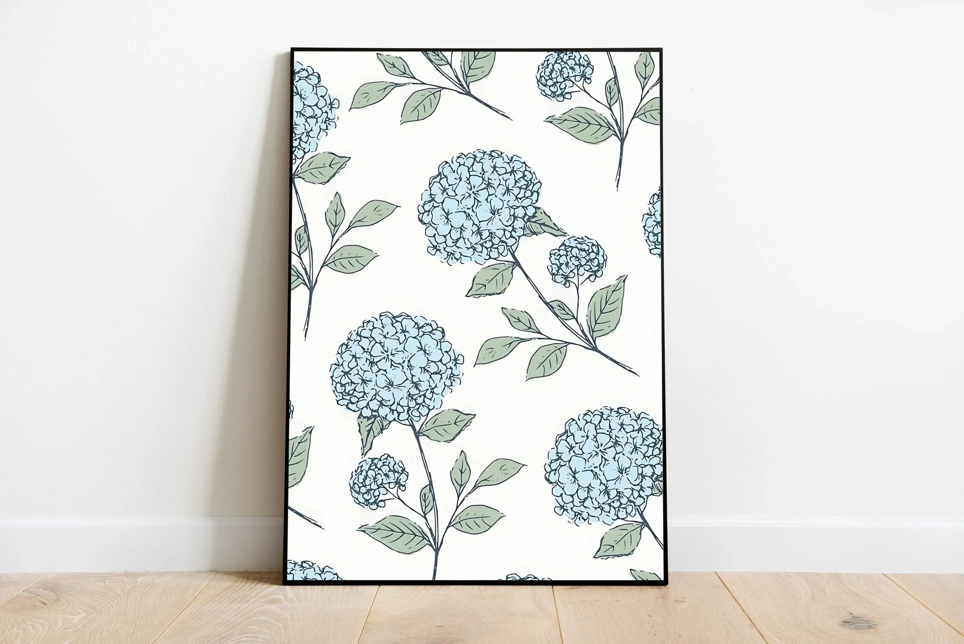 Minimalist botanical print showcasing stylized blue and green hydrangea foliage, structured vertically with clean lines and simple palette