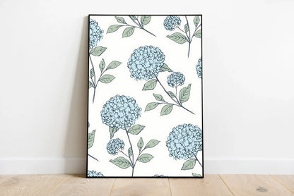 Minimalist botanical print showcasing stylized blue and green hydrangea foliage, structured vertically with clean lines and simple palette