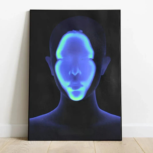 Dark abstract artwork featuring neon blue and purple glowing geometry, creating dynamic energy paths across the canvas