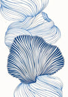 Abstract blue and white design featuring scattered shell motifs on a subtle blue background, evoking an oceanic study