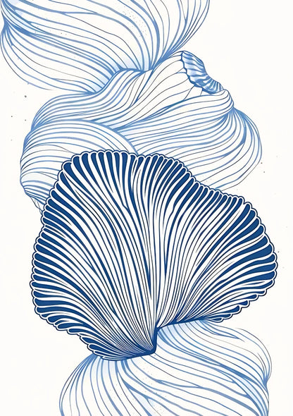 Abstract blue and white design featuring scattered shell motifs on a subtle blue background, evoking an oceanic study