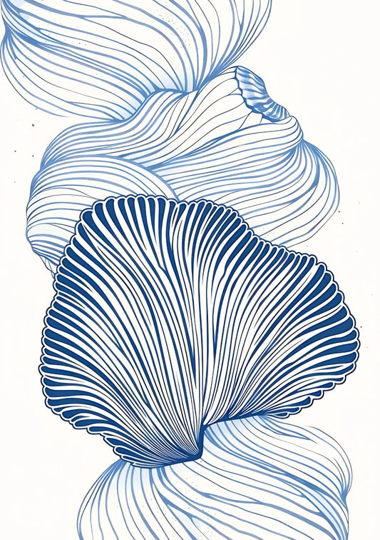 Abstract blue and white design featuring scattered shell motifs on a subtle blue background, evoking an oceanic study