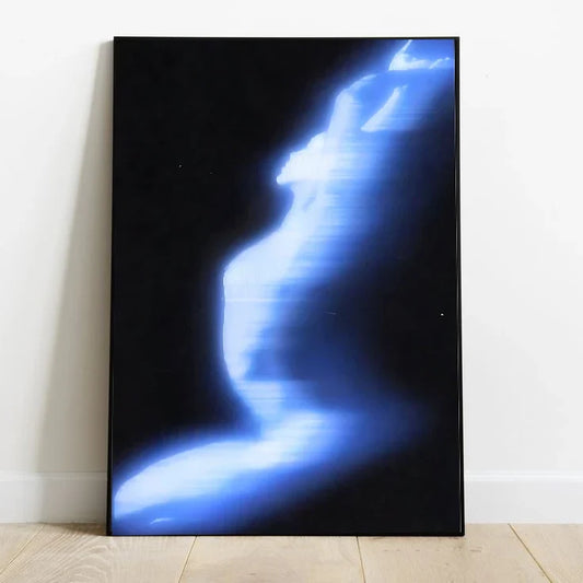 Abstract blue poster with deep gradients and streaks of cyan light suggesting energy shifts across a vertical orientation
