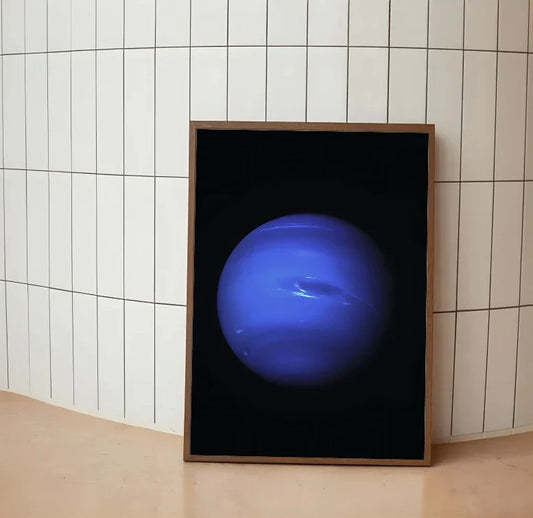 Portrait astronomical art showing a telescope aimed at vibrant nebulae against deep indigo and midnight blue cosmos