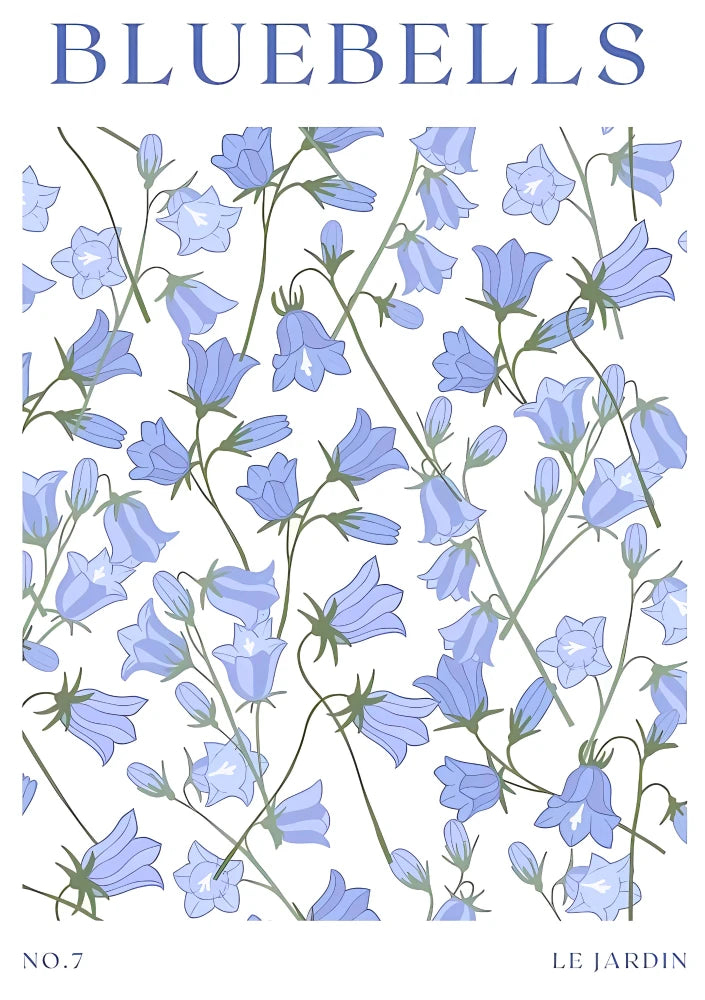 Detailed watercolor illustration of bluebells and various spring wildflowers in deep blues, violets, and emerald greens. Vertical composition