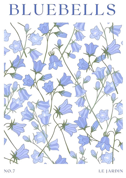 Detailed watercolor illustration of bluebells and various spring wildflowers in deep blues, violets, and emerald greens. Vertical composition