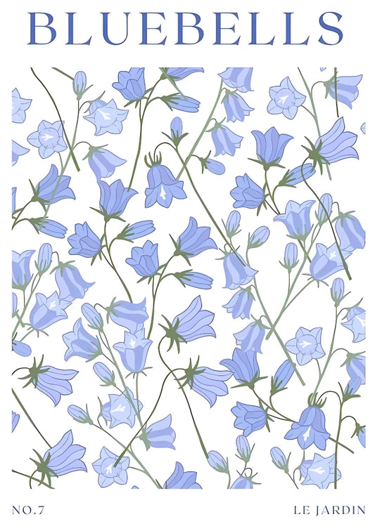 Detailed watercolor illustration of bluebells and various spring wildflowers in deep blues, violets, and emerald greens. Vertical composition