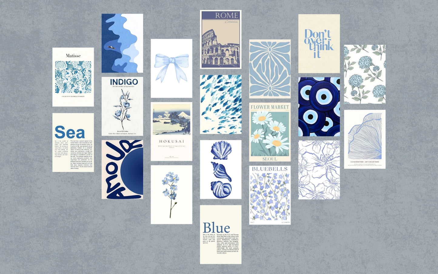 Mixed collage kit of abstract art prints featuring bold typography, geometric shapes, and floral motifs in black, white, terracotta, and muted blue