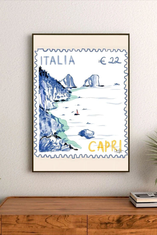 A stylized mediterranean scene showing deep azure water and white buildings on steep cliffs, rendered in a vibrant, postcard-style illustration