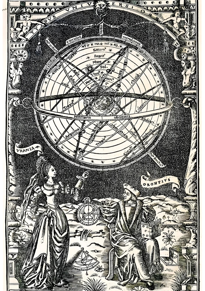 Detailed diagram showing planetary orbits and constellations on a midnight blue celestial map with gold accents