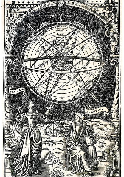 Detailed diagram showing planetary orbits and constellations on a midnight blue celestial map with gold accents
