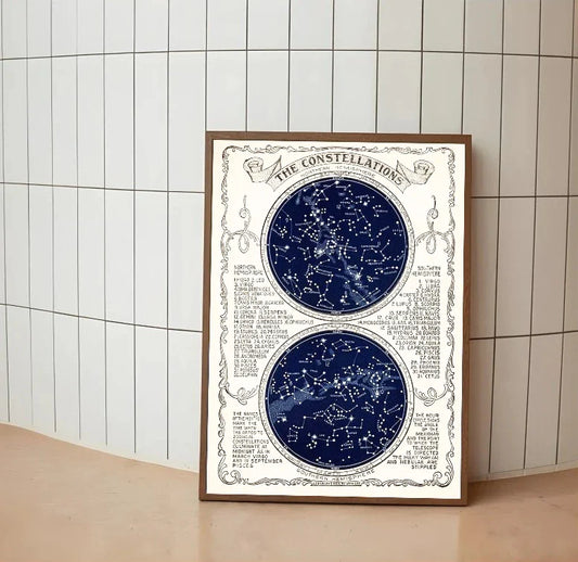Dark cosmic print showing sparse star clusters and faint constellations against an inky black background