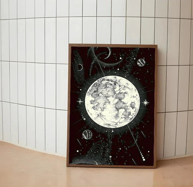 Detailed astronomical chart in deep indigo and black hues, displaying connected constellations and stellar diagrams with white linear markings
