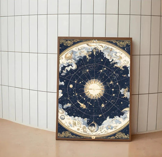 Vintage scientific chart featuring connected constellations mapped across a dark night sky background, outlined in gold lines and deep celestial blues
