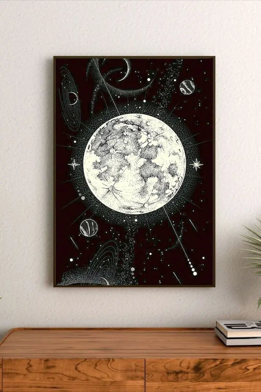 Conceptual celestial map showing orbital paths and planetary trajectories against a dark background using stylized gold and cream scientific lines