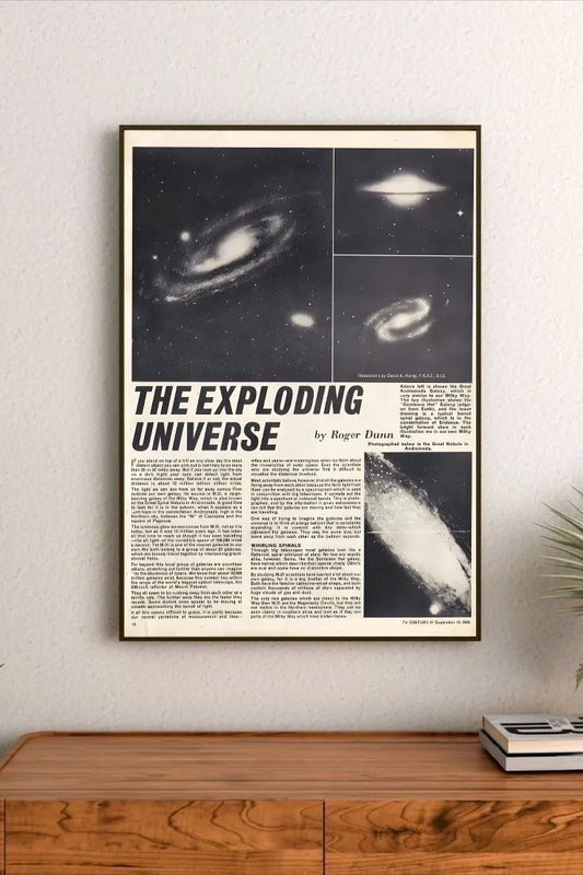 Deep space scientific poster featuring a swirling spiral galaxy composition with bright white stellar points against dark navy blue fields