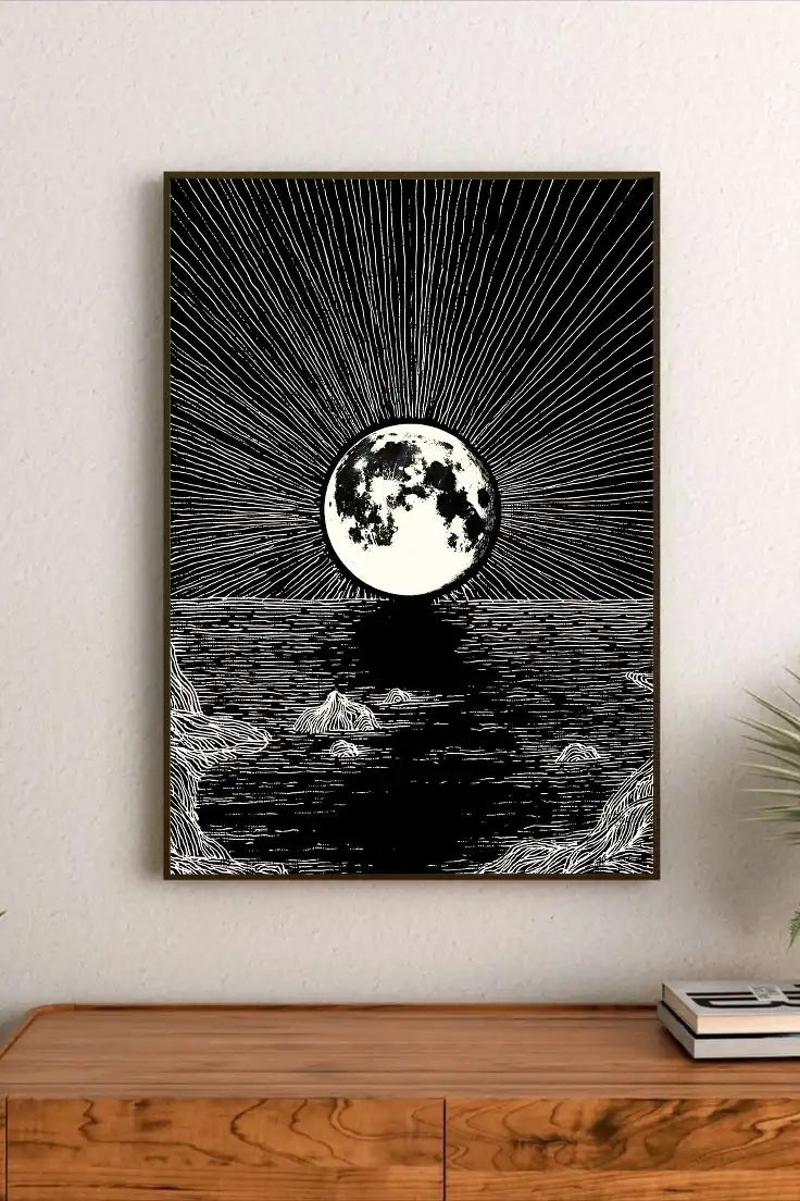 Portrait artwork showing a stylized astronomical view of the moon through a telescope lens, utilizing soft blue and warm gray palette details